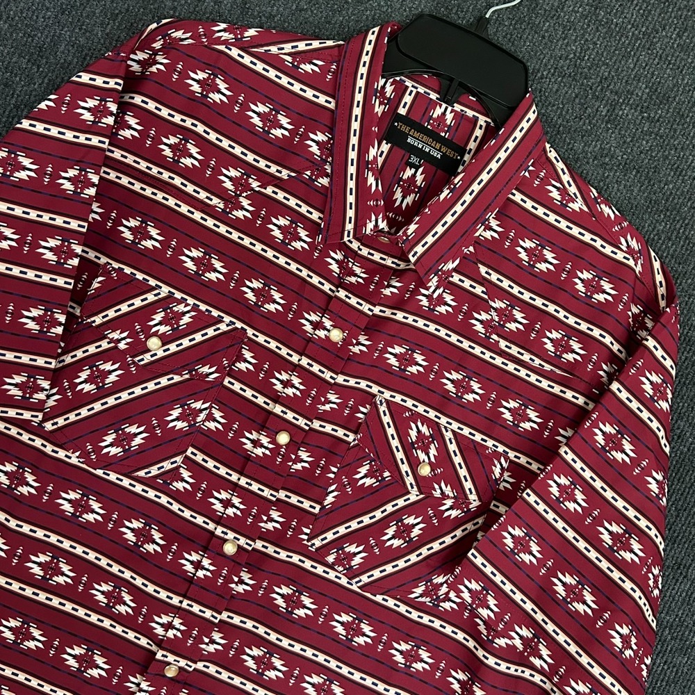 The American West Men's 3XL Shirt Aztec Western Short Sleeve Button Burgundy Red